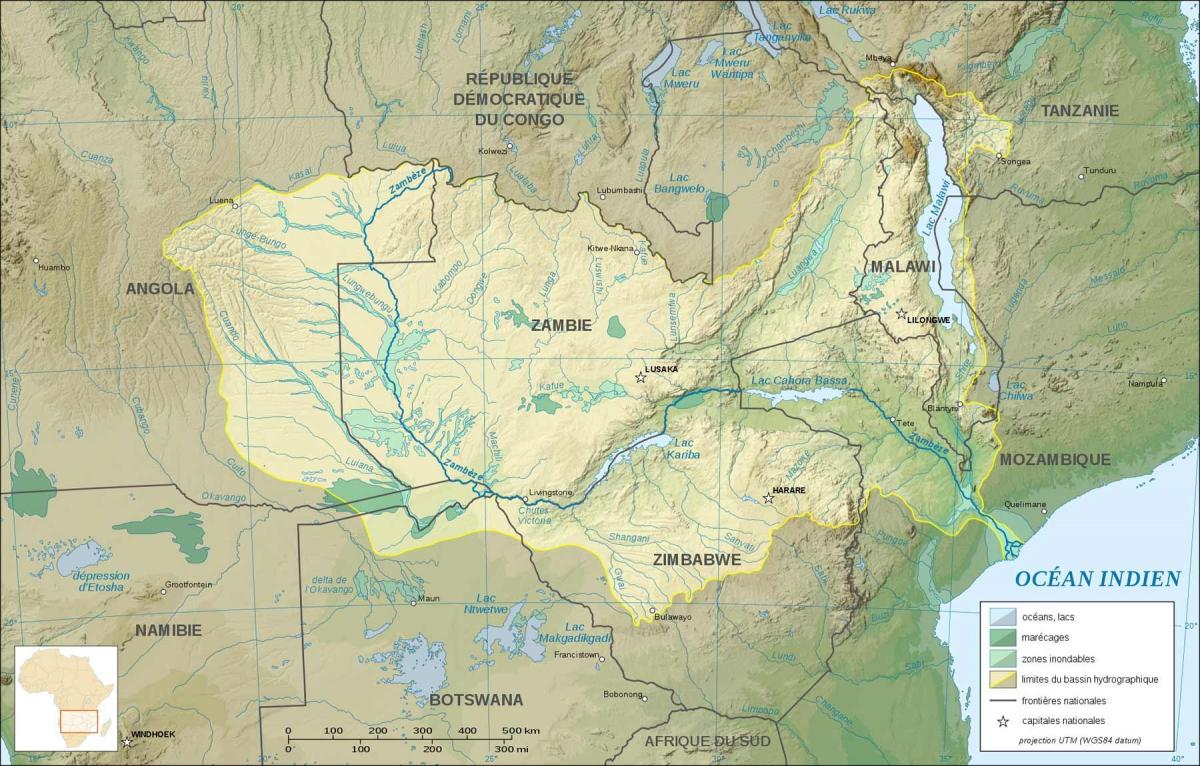 mapa Zambie ukazuje, řek a jezer