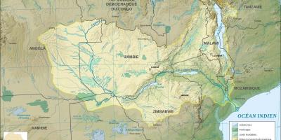 Mapa Zambie ukazuje, řek a jezer