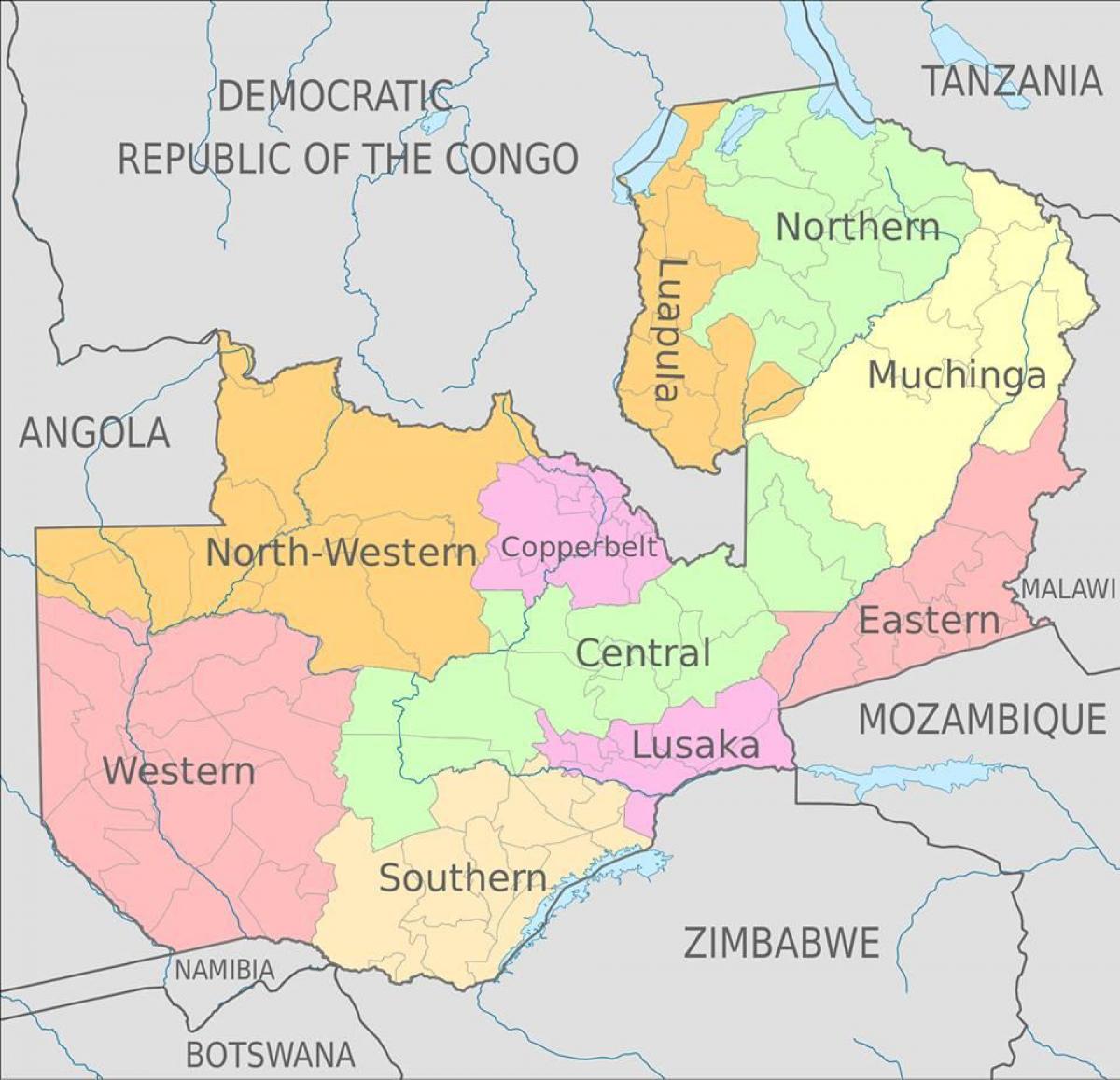 mapa Zambie zobrazuji 10 provincií